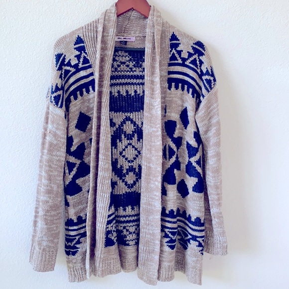 Sweaters - Aztec Print Blue and Brown Open Cardigan M